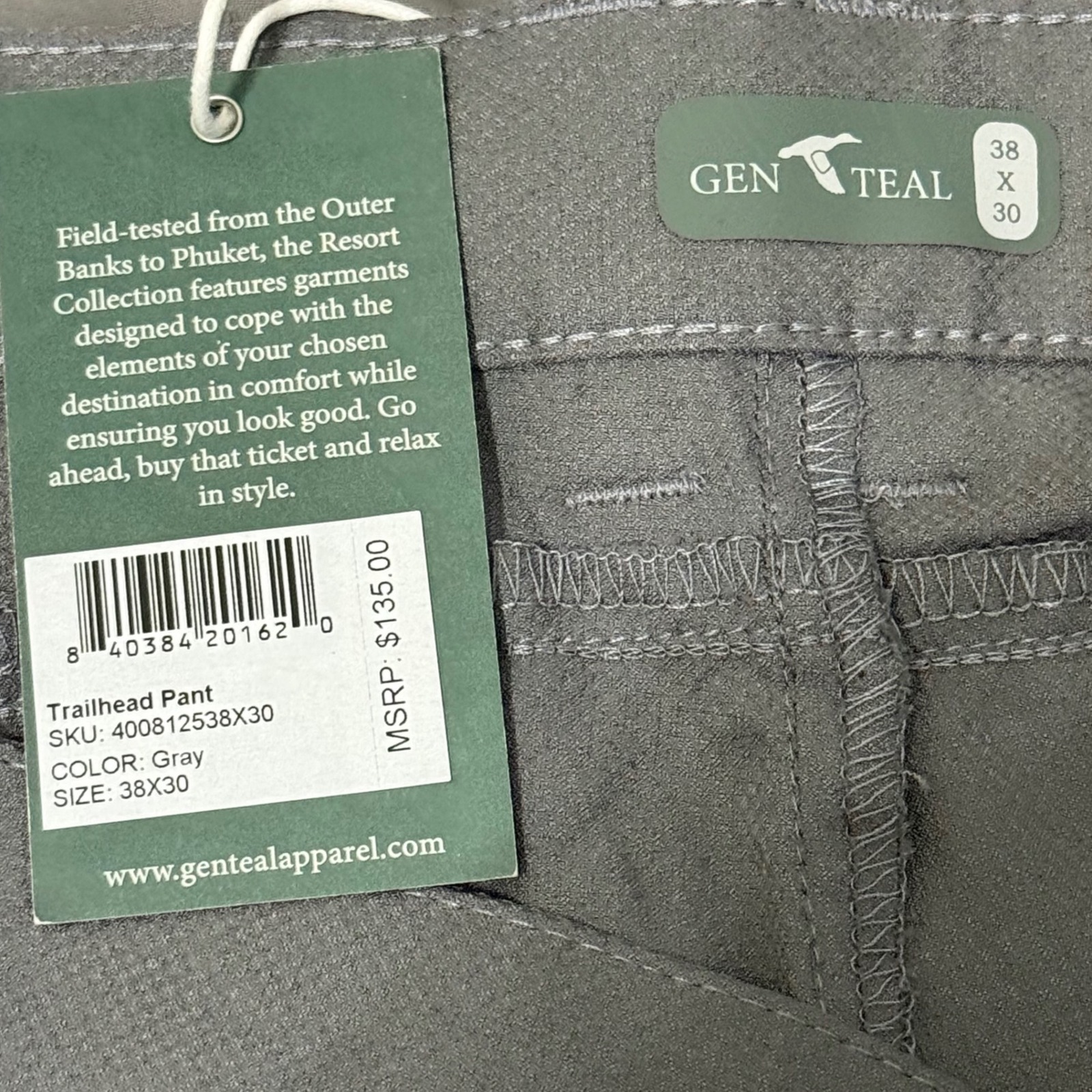 Genteal Apparel Trailhead Pant Mens 38x30 Gray Resort Collection New With Tags — image 5 of 8